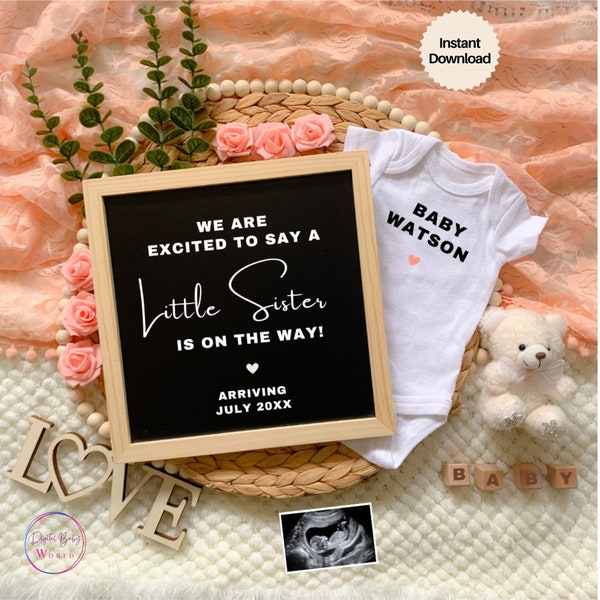 Baby Sister Pregnancy Announcement Digital, Announcing Baby Girl on Social Media, It's a Girl Announcement, Editable Template, Little sister