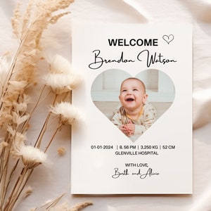 Birth Announcement Template, Photo Baby Announcement Card, Newborn, Welcome, Minimalist, Editable, Printable, Instant Download, Heart