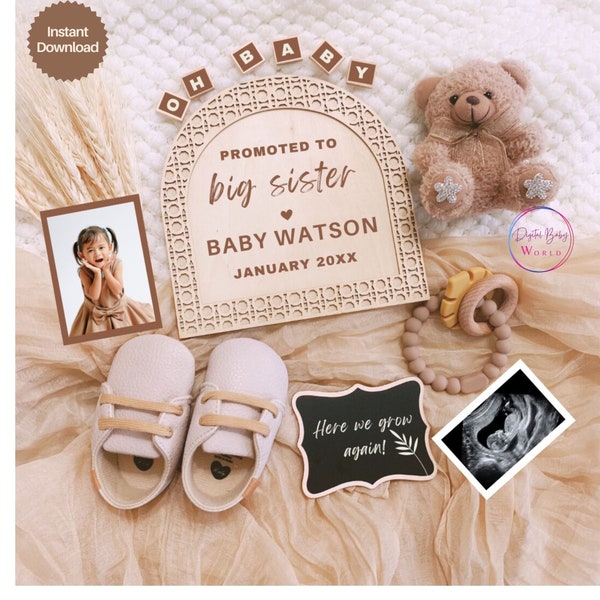 Promoted To Big Sister Pregnancy Announcement, Big Sister Announcement Digital, Second Baby, Siblings Social Media Reveal, Editable Template