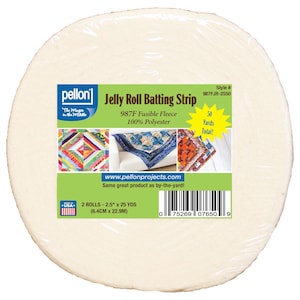May include: A round roll of off-white Pellon Jelly Roll Batting Strip, 987F Fusible Fleece, 100% polyester. The label indicates 2 rolls, 2.5 inches by 25 yards each, totaling 50 yards. It features product images and a barcode.
