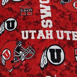 May include: Red and white fabric with a camouflage pattern featuring the University of Utah logo, the words "Utah Utes", and the team mascot.