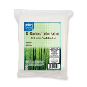 May include: A package of Pellon B-Bamboo/Cotton Batting with Scrim, needle punched. The label indicates twin size measuring 72 inches by 96 inches. The packaging features a bamboo forest graphic and lists material content as 47% rayon, 46% cotton, 7% polypropylene.