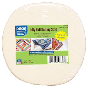 May include: A round roll of off-white Pellon Jelly Roll Batting Strip, 987F Fusible Fleece, 100% polyester. The label displays the text 2.5" x 25, style number 987FJR-2525, and includes three small images of colorful quilted fabric projects.