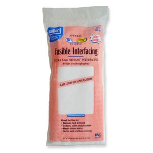 May include: A package of Pellon ultra lightweight fusible interfacing for light to midweight fabrics. The clear plastic packaging features white, blue, and pink text, including the words Fusible Interfacing and Easy Iron-On Application, measuring 15 inches by 3 yards.
