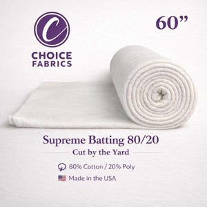 May include: A roll of white Supreme Batting 80/20 fabric, 60 inches wide, with the Choice Fabrics logo. The text reads "Cut by the Yard", "80% Cotton / 20% Poly", and "Made in the USA".