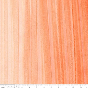 May include: Peach-colored fabric with vertical watercolor-style stripes. The fabric has a gradient effect, transitioning from a lighter peach to a deeper coral hue. The image includes a ruler with inch measurements.