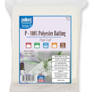 May include: A package of Pellon P-81 100% polyester high loft batting. The label indicates full size dimensions of 81 inches by 96 inches. It features icons for washability, shrinkage, and stitch distance, along with a barcode and manufacturing text.