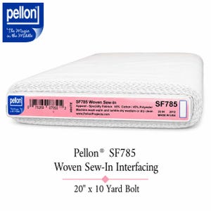 May include: A white Pellon SF785 woven sew-in interfacing bolt measuring 20 inches in width. The product label specifies a composition of 55% cotton and 45% polyester, with care instructions for machine washing and tumble drying on medium heat.