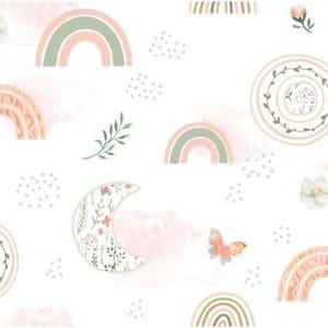 May include: A repeating pattern featuring rainbows, moons, butterflies, and floral elements in soft pastel colors. The design includes watercolor-style clouds and dotted accents on a white background, creating a whimsical and gentle aesthetic.