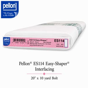 May include: A white Pellon ES114 Easy-Shaper interfacing bolt. The pink label displays the product name, 100% polyester composition, machine wash and dry instructions, and a 20 inch width. The brand logo is visible in the top left corner.