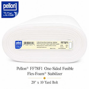 May include: A white roll of Pellon FF78F1 Flex-Foam one-sided fusible stabilizer for crafts and home decor. The label specifies 100% polyester, 20 inches in width, and a 10-yard length. The brand logo and product details are printed on the label.