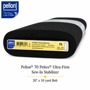 May include: A bolt of black Pellon 70 Peltex Sew-In Ultra Firm stabilizer. The label indicates 100% polyester material, 20 inches in width, and machine wash instructions. The brand logo is visible in the corner with the text The Magic in the Middle.
