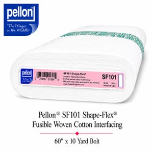 May include: A white bolt of Pellon SF101 Shape-Flex fusible woven cotton interfacing. The label displays the product name, a barcode, and states 60 inches width. The brand logo is visible in the corner with the text The Magic in the Middle.
