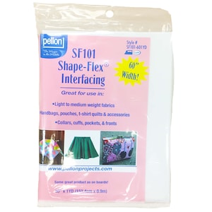 May include: A package of white Pellon SF101 Shape-Flex fusible interfacing. The packaging is pink and white with blue text, featuring the product name, a 60-inch width label, and images of a quilt, a green skirt, and a patterned pouch.