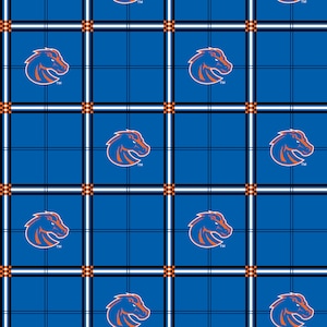 May include: A blue and white plaid pattern with a repeated orange and blue horse head logo. The logo has the letters "TM" below it.