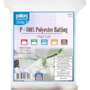 May include: A package of Pellon P-72 100% polyester high loft batting in twin size, measuring 72 inches by 96 inches. The white packaging features blue and purple accents, a barcode, a Made in USA logo, and text detailing material and care instructions.