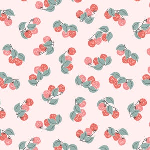 May include: A repeating pattern of raspberries and leaves on a light pink background. The raspberries are in shades of red and pink, with green leaves. The design is a simple, stylized illustration, suitable for fabric or wallpaper.