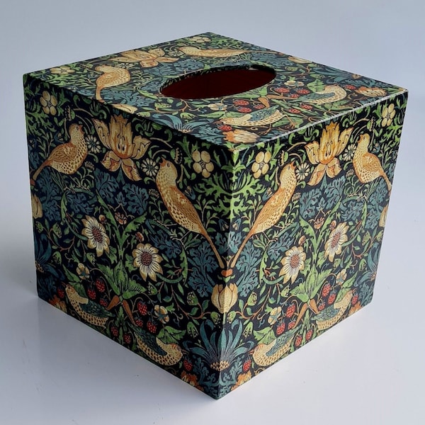 Wooden Tissue Box Cover Cube – Strawberry Thief William Morris – Decoupage Home Decor