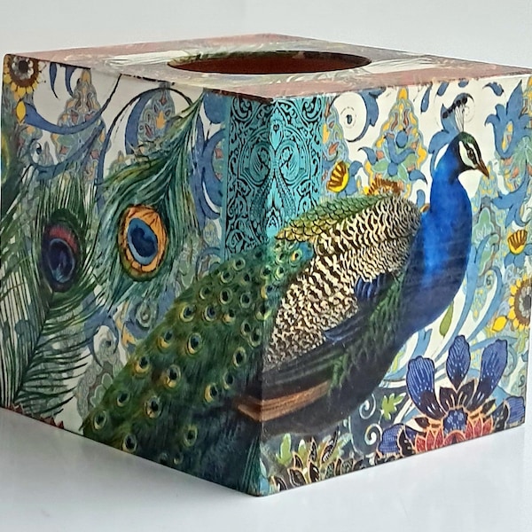 Peacock by Michel Design Works - wooden tissue box cover cube