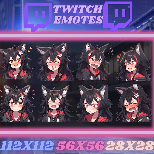 8 Black Haired Fox Girl Twitch Emotes