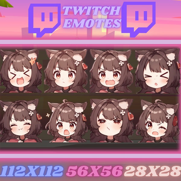 8 Brown Haired Fox/Cat Girl Twitch Emotes