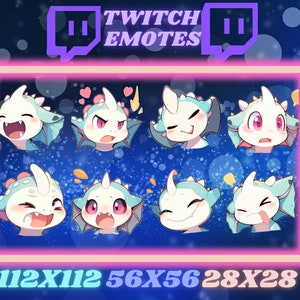 May include: Eight animated Twitch emotes featuring a light blue and white dragon with different expressions. The emotes are arranged in a grid with the text "112X112 56X56 28X28" below.