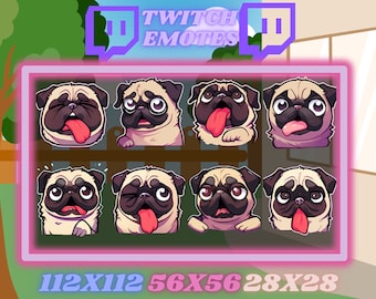 May include: Set of eight animated Twitch emotes featuring a pug dog with different expressions. The emotes are in various sizes, including 112x112, 56x56, and 28x28 pixels.