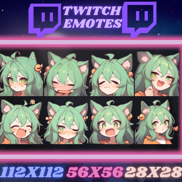 8 Green Haired Cat/Fox Girl Twitch Emotes