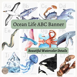 Muurposter oceaanalfabet, natuur-abc, thema oceaan klaslokaal, zoutwaterflashcard, onschoolse letters, Saltlife Kid, Under the Sea-klas