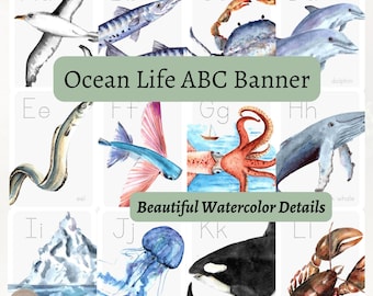 Väggposter med havsalfabetet, natur-ABC, havsklassrumstema, saltvattenskort, oskolade bokstäver, saltlivsbarn, klassrum under havet