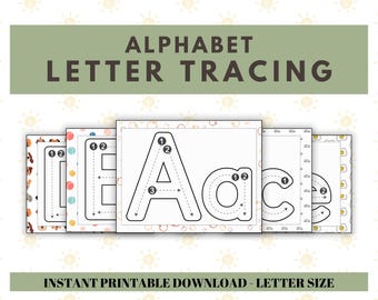 Puede incluir: Hojas de trabajo de trazado de letras del alfabeto con las letras A, B, C y E. Cada letra tiene flechas numeradas para guiar el trazado. El texto dice "ALPHABET LETTER TRACING" y "INSTANT PRINTABLE DOWNLOAD - LETTER SIZE".