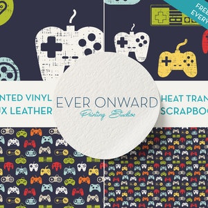 May include: A set of four digital game controller themed patterns. The patterns are available in printed vinyl, faux leather, heat transfer, and scrapbook paper. The patterns feature a variety of colored game controllers on a dark blue background. The text "EVER ONWARD Printing Studios" is in the center of the image.