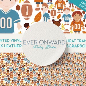 May include: A digital paper pack featuring a seamless pattern of cartoon football players, footballs, and autumn leaves. The pattern is available in printed vinyl, faux leather, heat transfer, and scrapbook paper.