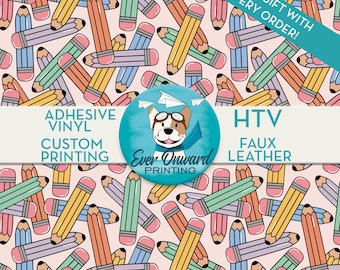 May include: A repeating pattern of colorful pencils in various shades of yellow, orange, blue, and green on a light pink background. The image includes text that reads "ADHESIVE VINYL CUSTOM PRINTING HTV FAUX LEATHER" and "FREE GIFT WITH EVERY ORDER!"