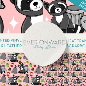 May include: A pink background with a repeating pattern of raccoons, trash cans, apples, and bags of trash. The text "PRINTED VINYL FAUX LEATHER EVER ONWARD Printing Studios HEAT TRANSFER SCRAPBOOK" is at the top of the image.