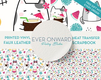 Cute Cats and Watermelon Vinyl, HTV, Indoor Vinyl, Printed Vinyl, Patterned Vinyl, Marine Vinyl, Printed Faux Leather, Siser HTV