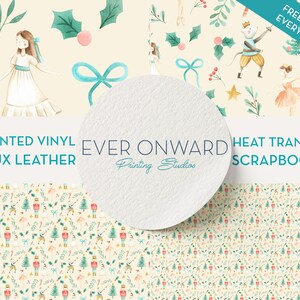 May include: A set of three digital paper designs featuring a Nutcracker, a ballerina, and a Christmas tree. The designs are available in printed vinyl, faux leather, heat transfer, and scrapbook paper.