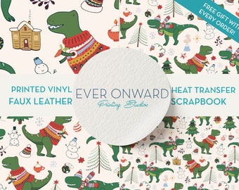 Christmas Dinosaurs Craft Vinyl, HTV, Indoor Vinyl, Printed Vinyl, Patterned Vinyl, Marine Vinyl, Printed Faux Leather, Siser HTV