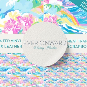 May include: A digital design featuring a colorful, repeating pattern of waves, rainbows, and palm trees. The design is available in printed vinyl, faux leather, heat transfer, and scrapbook paper. The text "EVER ONWARD Printing Studios" is displayed on a white circle.