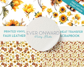 Highland Cow & Sunflowers Vinyl, HTV, Indoor Vinyl, Printed Vinyl, Patterned Vinyl, Printed Faux Leather, Siser HTV, Sticker Vinyl