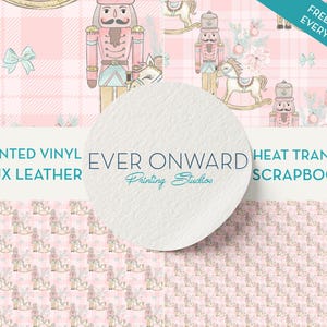 May include: Pink and white plaid background with a repeating pattern of nutcracker soldiers and rocking horses. The text "EVER ONWARD Printing Studio" is in the center of the image.