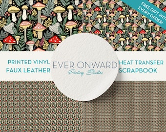 May include: A digital design featuring a repeating pattern of mushrooms, leaves, and berries on a black background. The design is available in printed vinyl, faux leather, heat transfer, and scrapbook paper.