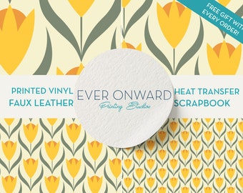 May include: A digital download of a floral pattern featuring yellow tulips on a light yellow background. The pattern is available in printed vinyl, faux leather, heat transfer, and scrapbook formats. The text "EVER ONWARD Printing Studios" is displayed on a white circle.