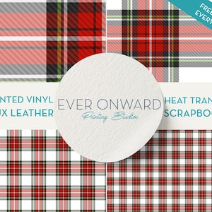 May include: Four red and white plaid patterns with a white circle in the center that says "EVER ONWARD Printing Studios". The text "PRINTED VINYL FAUX LEATHER" is on the left side of the circle and the text "HEAT TRANSFER SCRAPBOOK" is on the right side of the circle. A blue banner at the top right corner says "FREE GIFT WITH EVERY ORDER!"