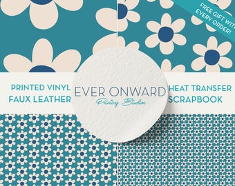 Blue 70s's Daisy Flowers Vinyl, HTV, Indoor Vinyl, Printed Vinyl, Patterned Vinyl, Marine Vinyl, Printed Faux Leather, Siser HTV