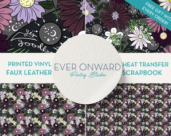 Purple Witchy goth Flowers Vinyl, HTV, Indoor Vinyl, Printed Vinyl, Patterned Vinyl, Marine Vinyl, Printed Faux Leather, Siser HTV