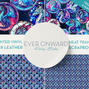 May include: A digital design featuring a stained glass pattern of blue and purple dragons. The design is available in printed vinyl, faux leather, heat transfer, and scrapbook paper. The text "EVER ONWARD Printing Studios" is in the center of the image.