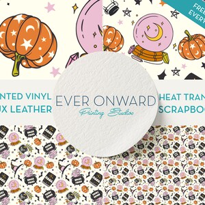 May include: Four different patterns featuring a witchy Halloween theme. The patterns include pumpkins, cauldrons, stars, crystals, and a crystal ball. The patterns are available in printed vinyl, faux leather, heat transfer, and scrapbook paper.