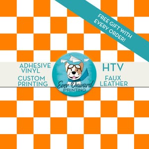 May include: A promotional image with a vibrant orange and white checkered background. The image features text that reads "FREE GIFT WITH EVERY ORDER!" and "ADHESIVE VINYL CUSTOM PRINTING HTV FAUX LEATHER". A circular logo with a dog wearing goggles is also present.