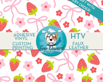 May include: A white background is covered with a pattern of pink strawberries, bows, and flowers. The image includes text that says "ADHESIVE VINYL CUSTOM PRINTING" and "HTV FAUX LEATHER". A circular logo features a dog wearing goggles and a scarf.